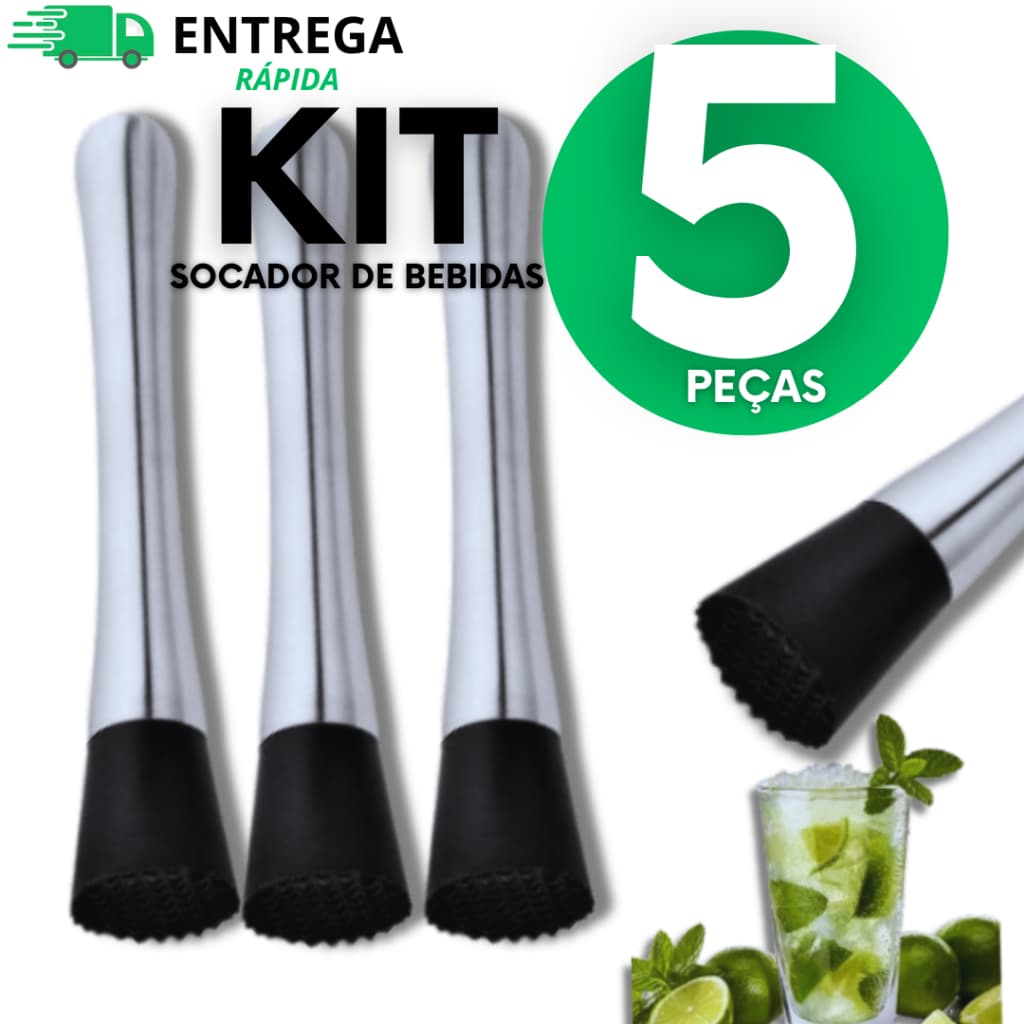 Conjunto Jogo 05 Peças Socador Macerador Caipirinha Aço Inox Amassador Batida Coquetel Barman Utilidades