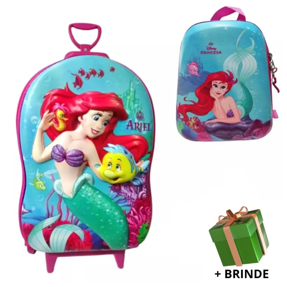 Mochila Escolar Menino Menina Lancheira Mala Infantil Pequena Sereia 3D Rodinha Resistente Viagem