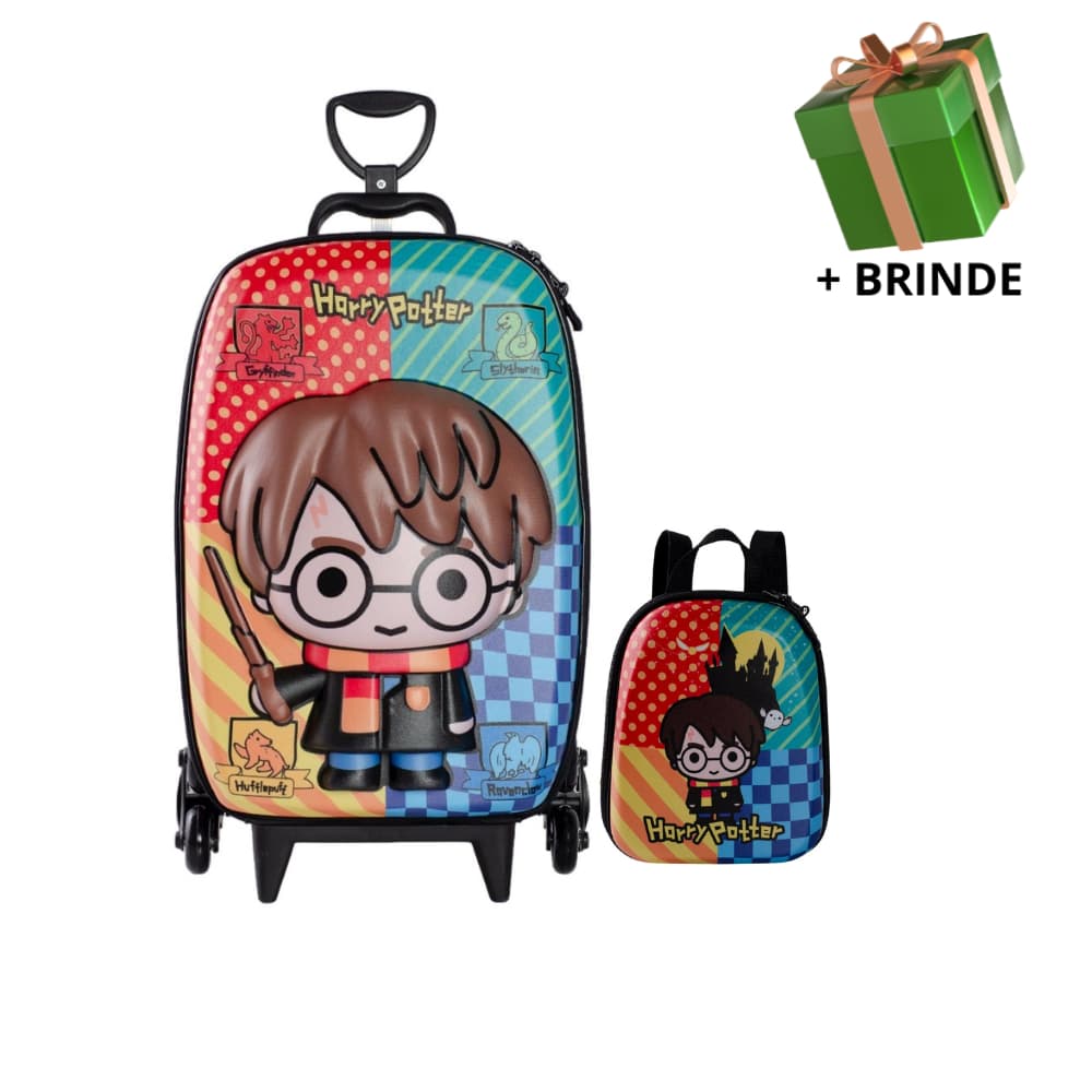 Mochila Escolar Menino Menina Lancheira Mala Infantil Harry Potter 3D Rodinhas Resistente Viagem