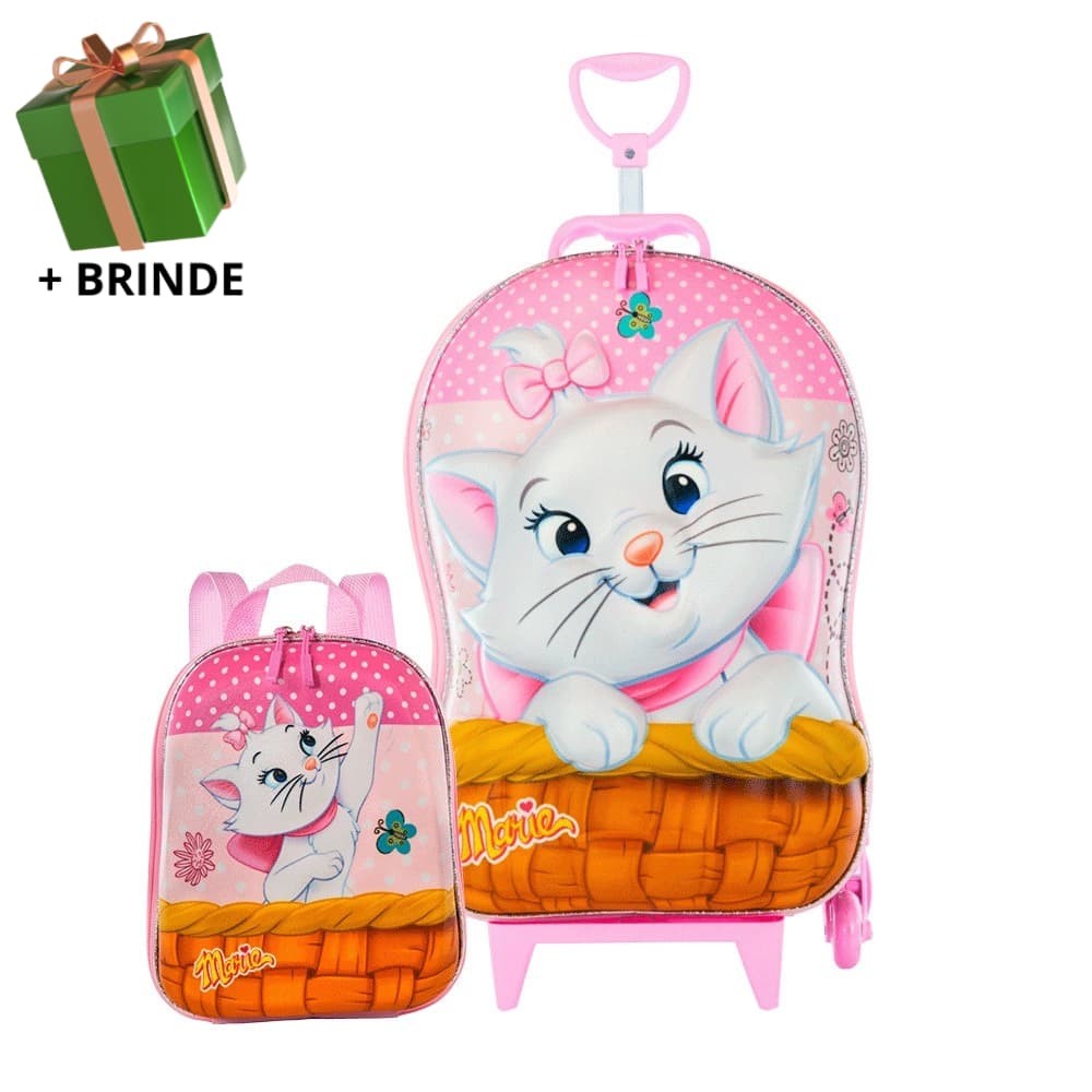 Mochila Escolar Menino Menina Lancheira Mala Infantil Gatinha Marie 3D Rodinha Resistente Viagem