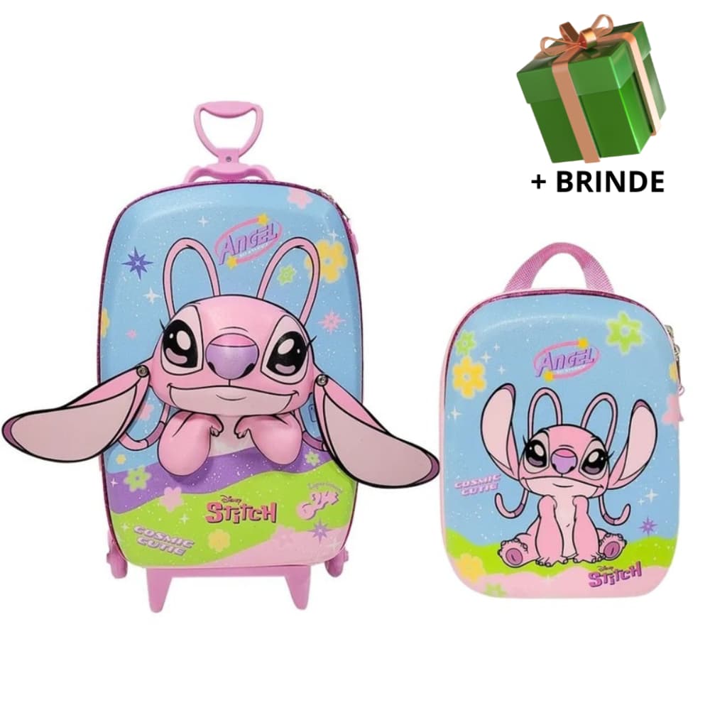 Mochila Escolar Menino Menina Lancheira Mala Infantil 3D Angel Stitch Viagem Rodinha Resistente