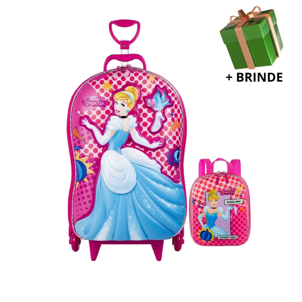 Mochila Escolar Menino Menina Lancheira Mala Infantil Cinderela 3D Rodinha Resistente Viagem Passeio