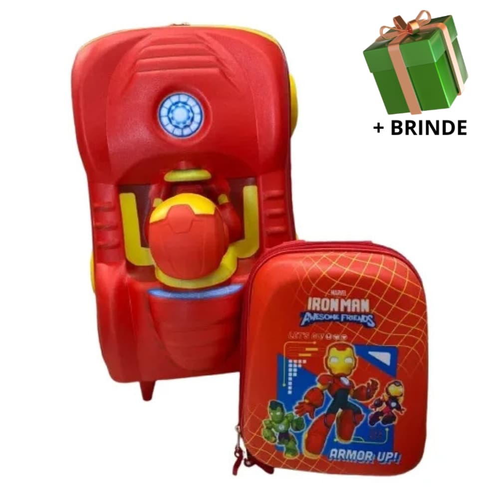 Mochila Escolar Menino Menina Lancheira Mala Infantil 3D Homem De Ferro Rodinha Resistente Viagem