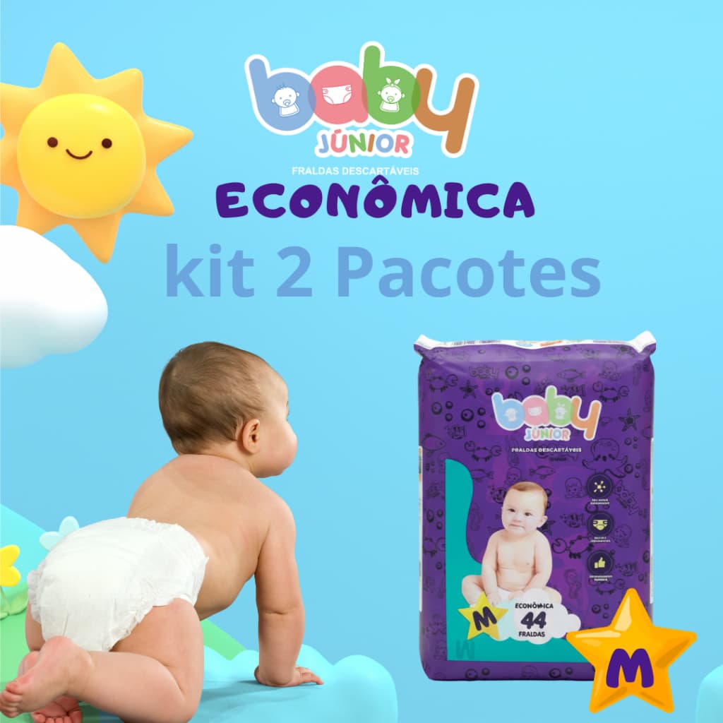 Kit Fralda Descartável Baby Junior Econômica M Com 2 Pacotes de 44 Fraldas Totalizando 88 Unds