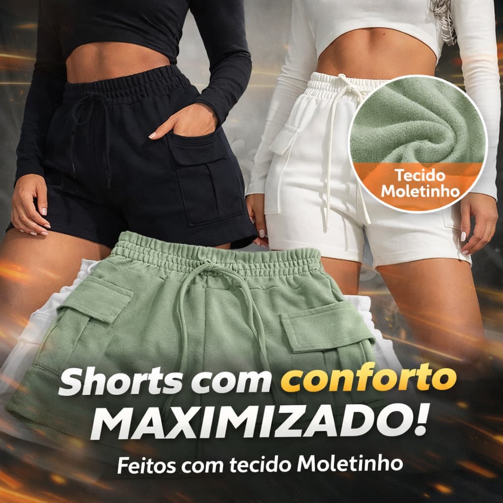 Shorts Feminino De Moletom Cargo - Moletinho Casual Versátil e Moderno - ENVIO IMEDIATO