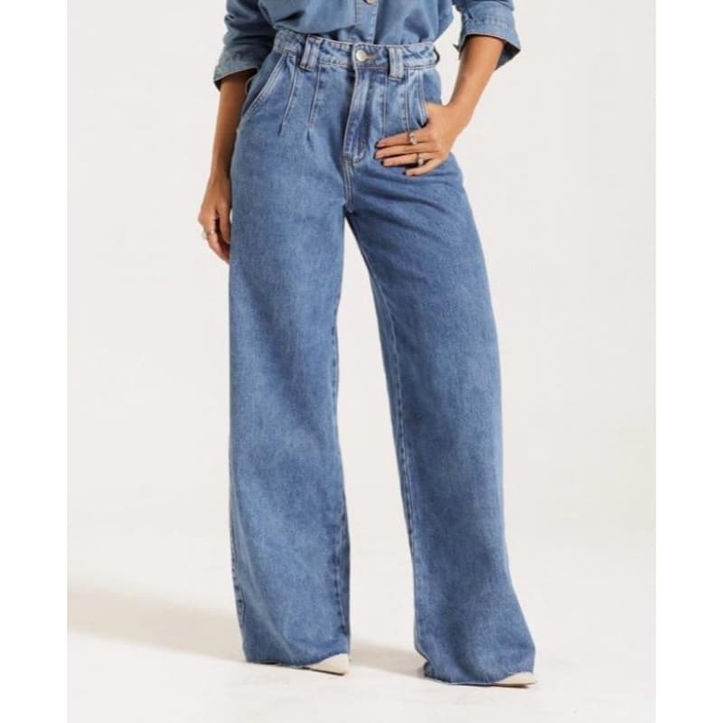 Calça Jeans Feminina Wide Leg Pantalona Cintura Alta Jeans Azul