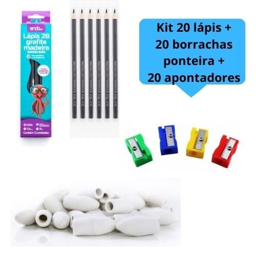 Kit 20 lápis de Escrever Nº2 Preto + 20 Borracha Ponteira Branca + 20 Apontador simples Escolar