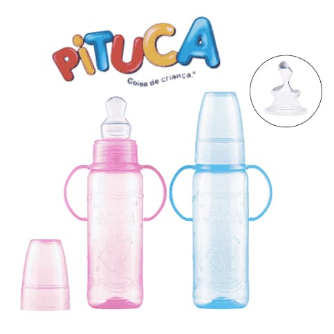 Mamadeira Pituca 240ml com Alça Bico Orto Silicone Macio Azul e Rosa Alta Qualidade e Bico Reposição