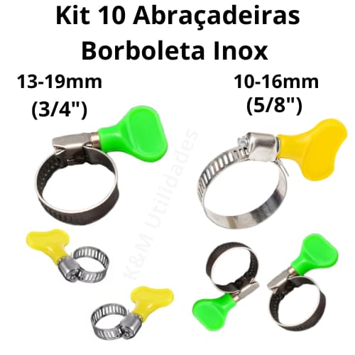Kit 10 Abraçadeiras Americana (Tipo Borboleta) Inox 3/4" e 5/8" Abraçadeira de Metal para Mangueira