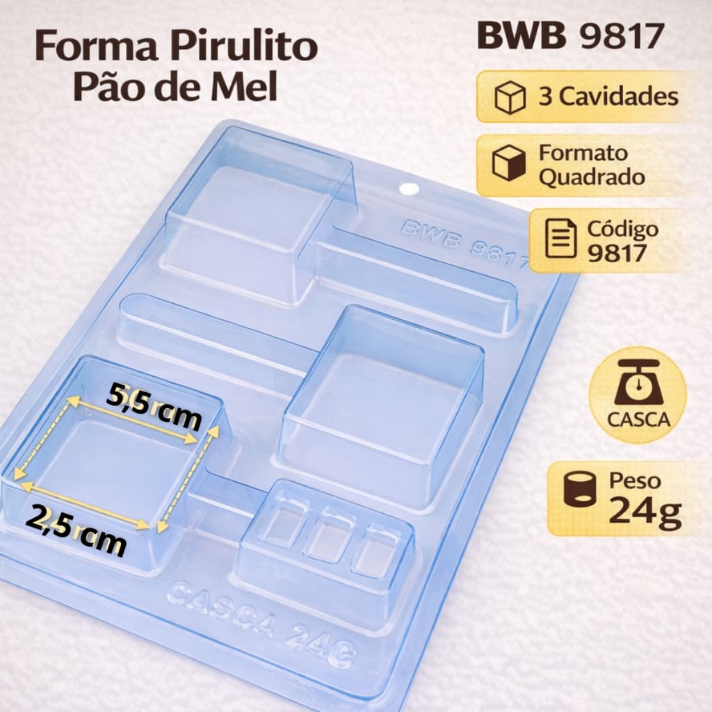 Forma Molde P/ Chocolate BWB 9817 Pirulito Pão De Mel Quadrado Médio Paleta Gourmet Bolo no Palito