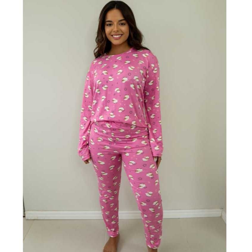 Pijama  Feminino Tecido Premium Rosa Conforto Macio Manga Comprida Casual TendenciaInverno verao