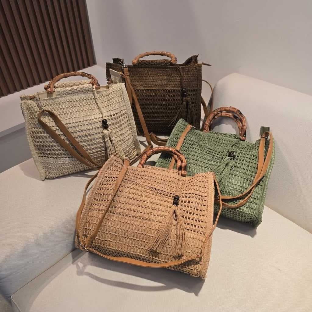 Bolsa Alça de Mão de Bambu do Verão Artesanal Bonita Alça Transversal Cores Chaveiro