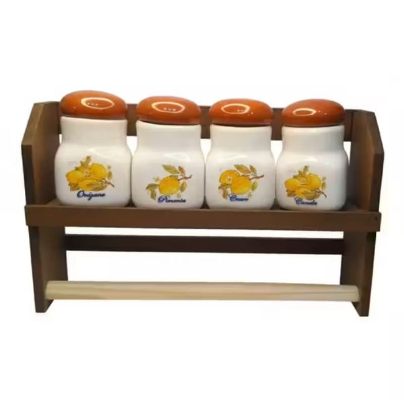 Porta Temperos 4 Potes Cerâmica com Tampa Suporte Madeira Organizador Condimentos Especiarias Cozinha Mesa Bancada