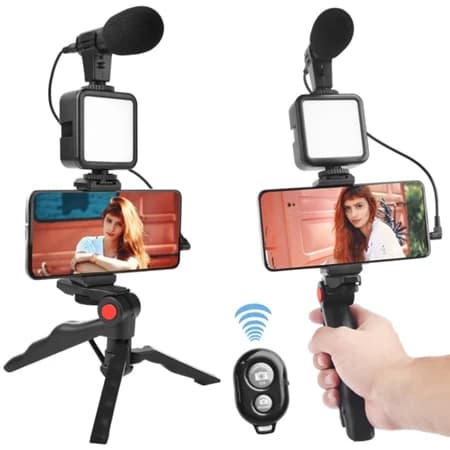 Kit Vlog Tripé Celular Kit Profissional com LED Bastão de Selfie Microfone Direcional Premium Gravação Vídeo Aula Live