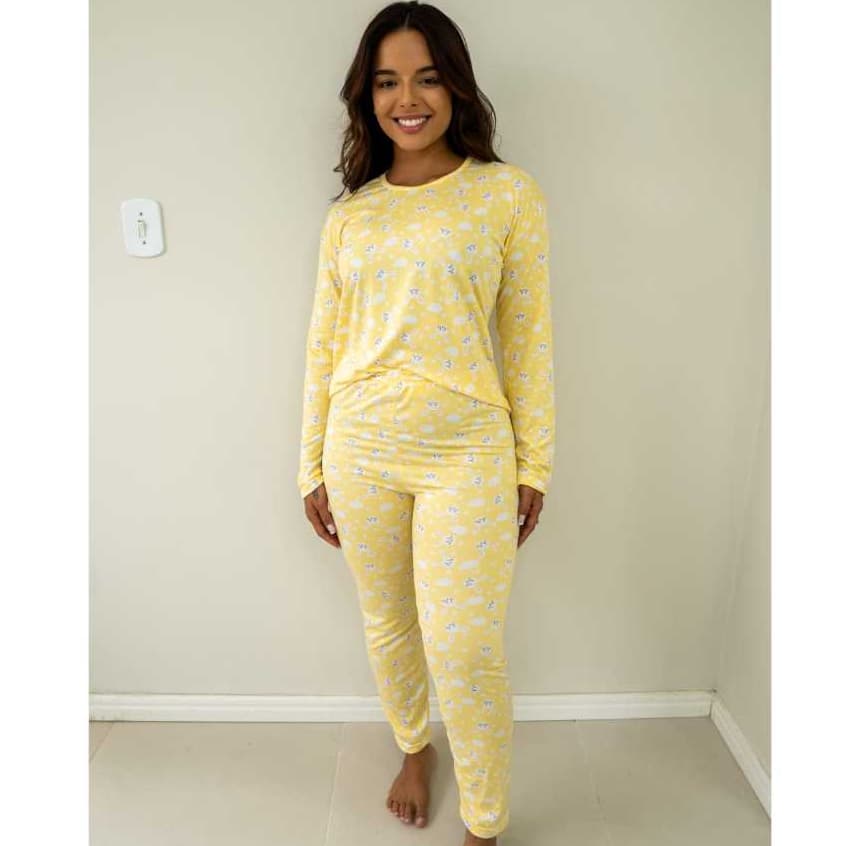 Pijama Feminino Tecido Premium Amarelo Conforto Manga Comprida Inverno Casual Confortavel Elegante