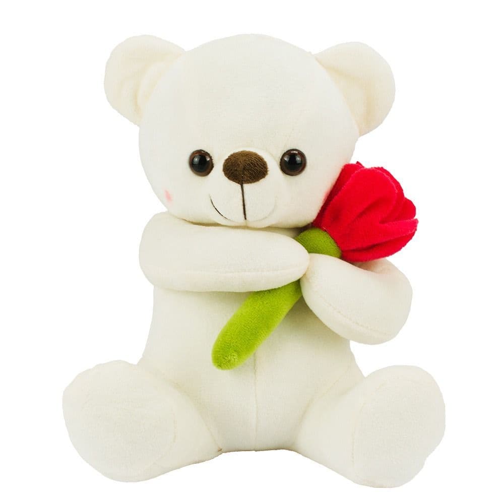 Urso Marrom E Branco Sentado Segurando Rosa 22cm - Pelúcia