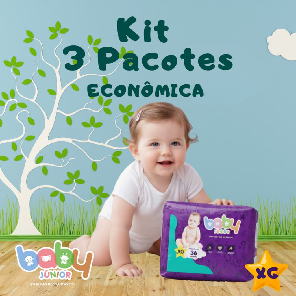 Kit Fralda Descartável Baby Junior Econômica XG Com 3 Pacotes  Com 36 Unidades Totalizando 108 Fraldas