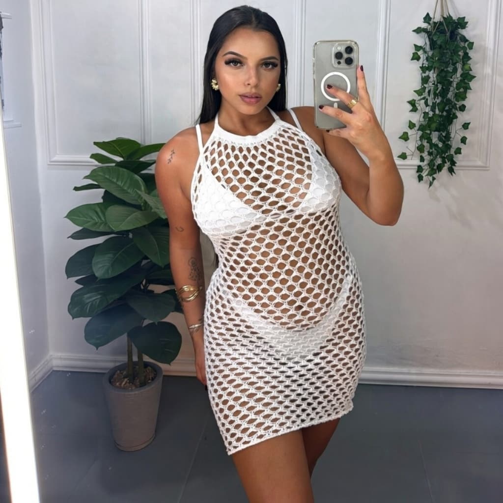 Vestido Saida de Praia Feminina Vestido Curto de Banho Croche Chic Rendado Costa Nua Tricot