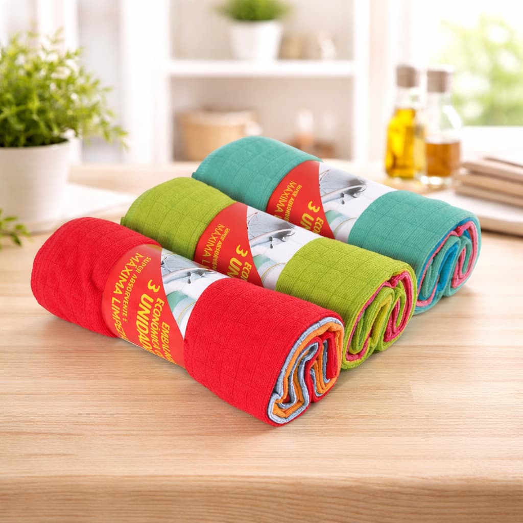 Kit 3 Panos de Microfibra Celeste 48x58cm Multiuso Alta Absorção
