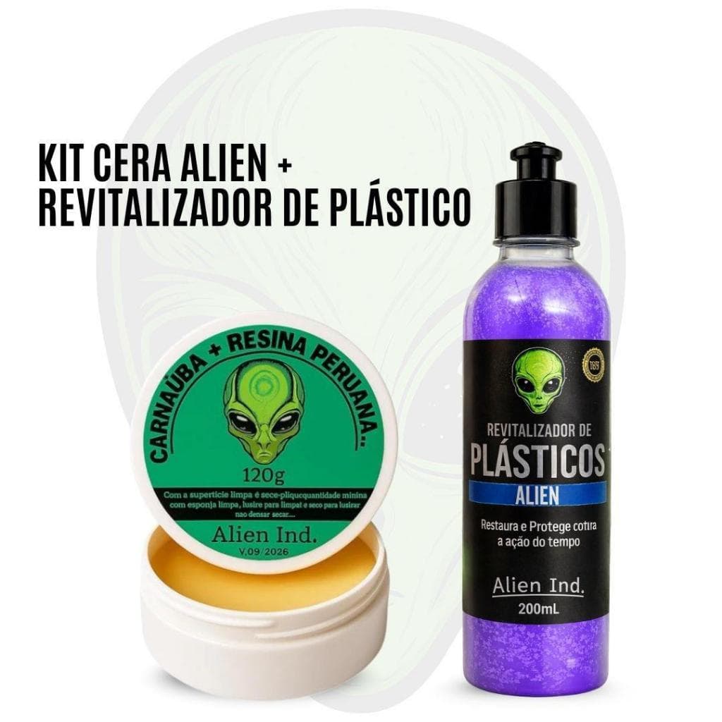 Kit Automotivo Cera Alien Ind + Revitalizador de Plásticos Ressecado Brilho Duradouro Não Sai Com Água Queimado Riscos