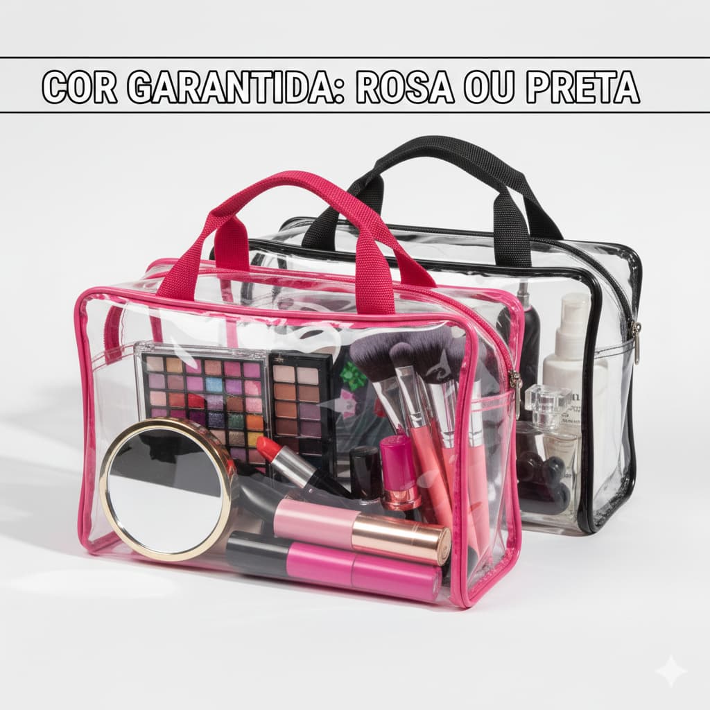 Bolsa Transparente G 30cm Organizador De Mala Viagem E Maquiagem Impermeável Reforçada Rosa Preta