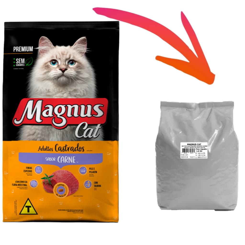 Kit 3un x 1kg Raçao Gatos Castrados Sabor Carne  Magnus Cat FRACIONAD0 Raçao Premium Para Gatos