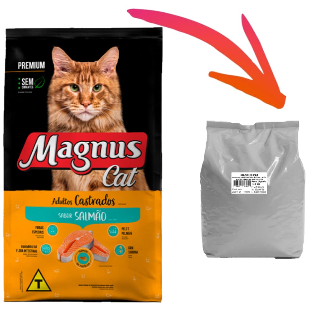 Kit 3un x 1kg Castrados Sabor Salmao Gatos Magnus Cat FRACIONAD0 Raçao Premium Para Gatos