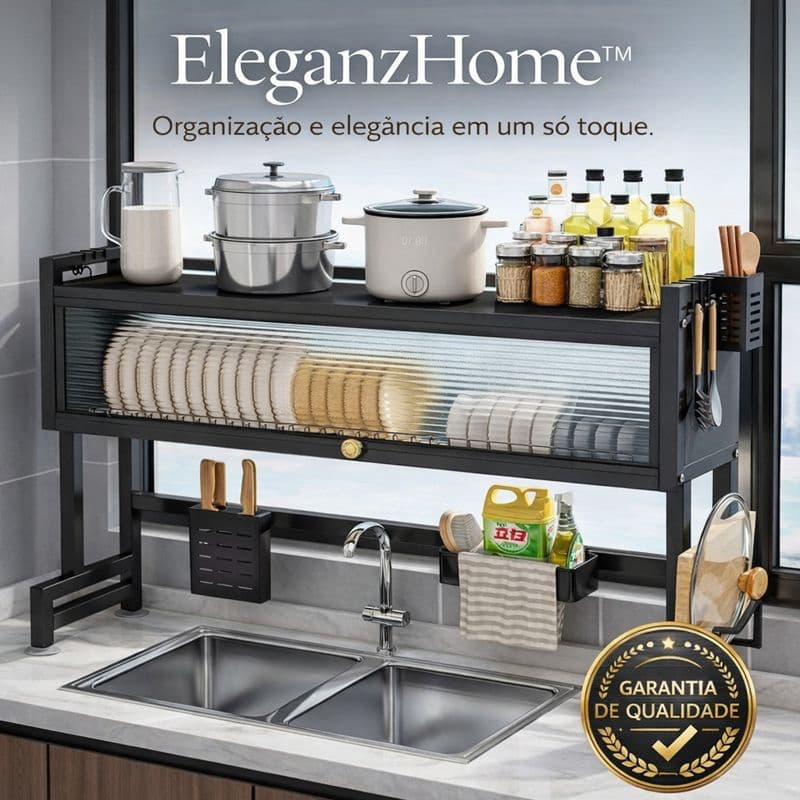 EleganzHome™  Prateleira Organizador Metálico Pia Cozinha Banheiro Resistente Preto