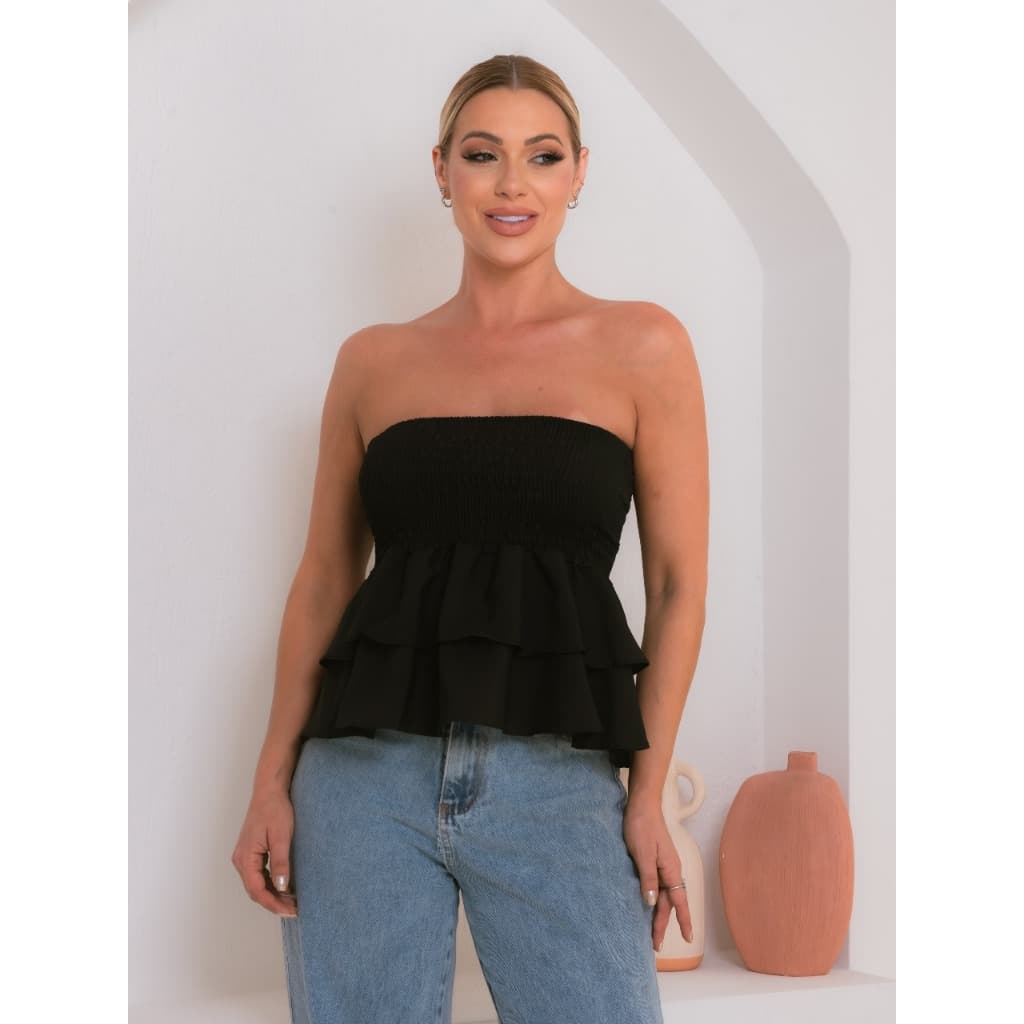 Blusinha Cropped Tomara que caia elastico com Babadinho