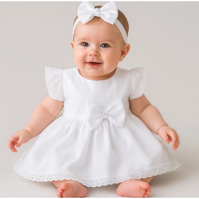 Vestido de Batizado Para Bebê Menina Com Tiara