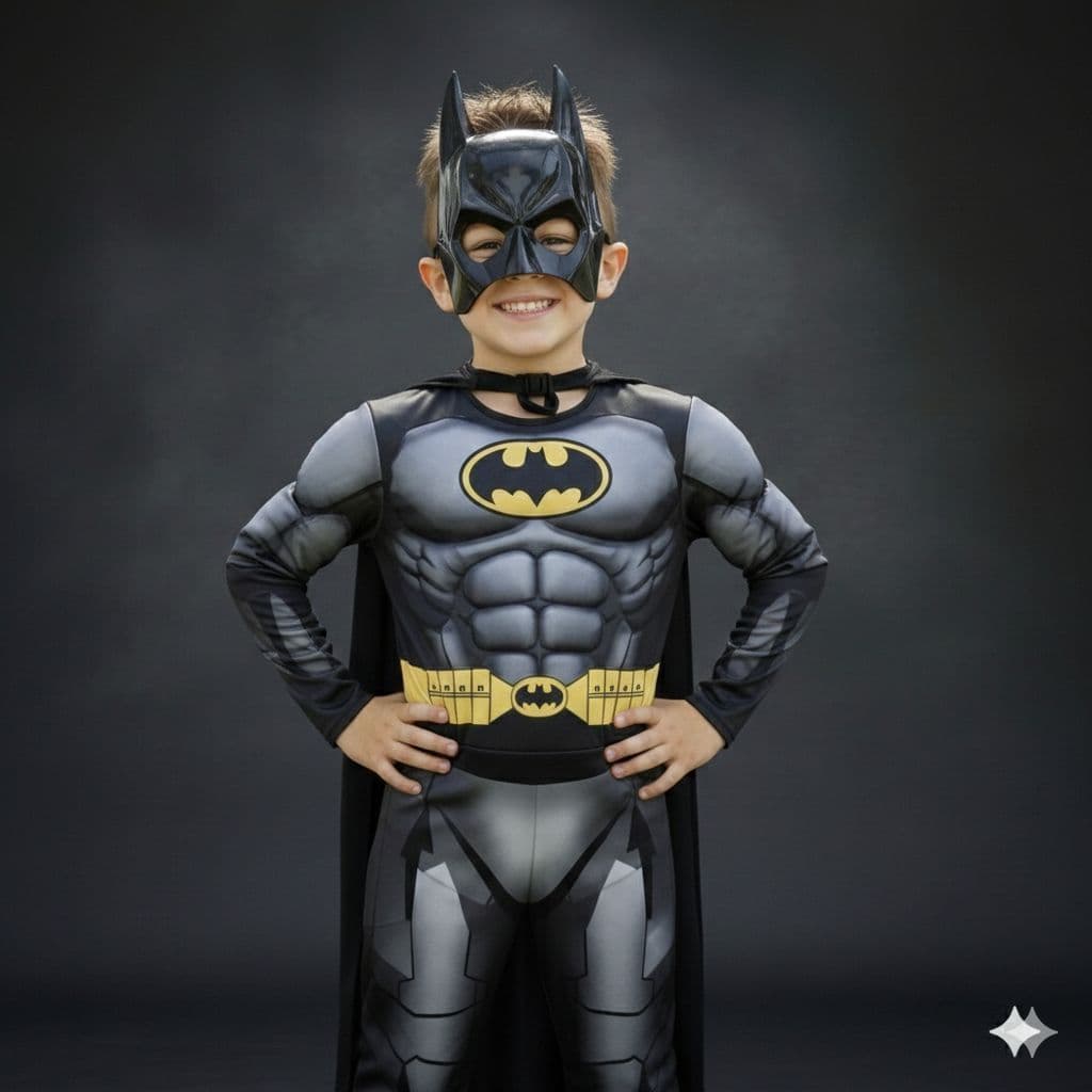 Fantasia Infantil Menino Batman Longa Com Músculos Enchimento Capa E Máscara Herói Presente