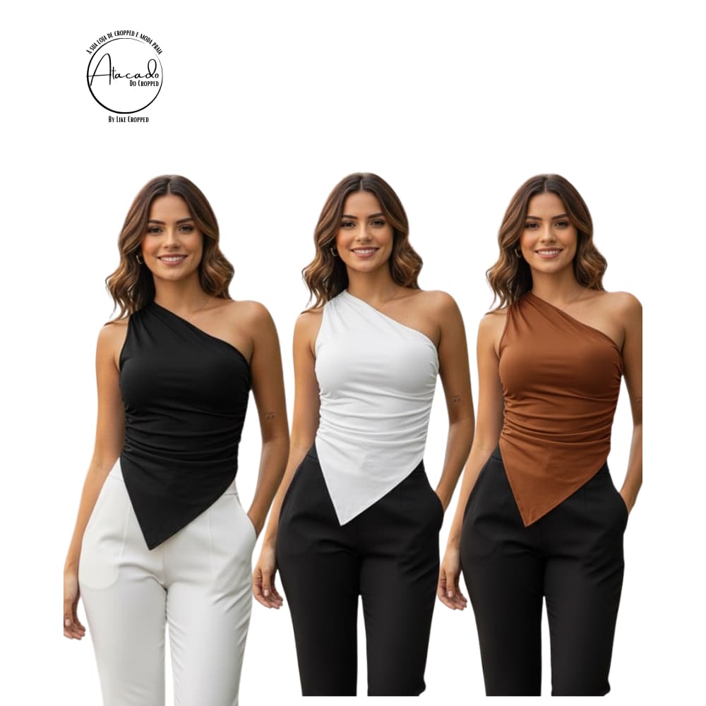 Kit 3 Blusinha Cropped Alça Única Com Bico Frontal Básica Assimétrica Feminina