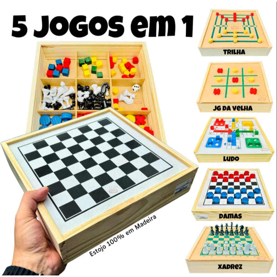 Brinquedo Educativo 5 em 1 – Trilha, Jogo da Velha, Ludo, Damas e Xadrez