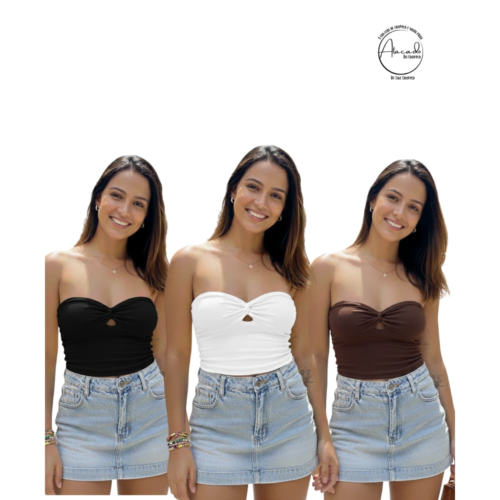 Kit 3 Blusinha Cropped Tomara Que Caia Nó Frontal Longo