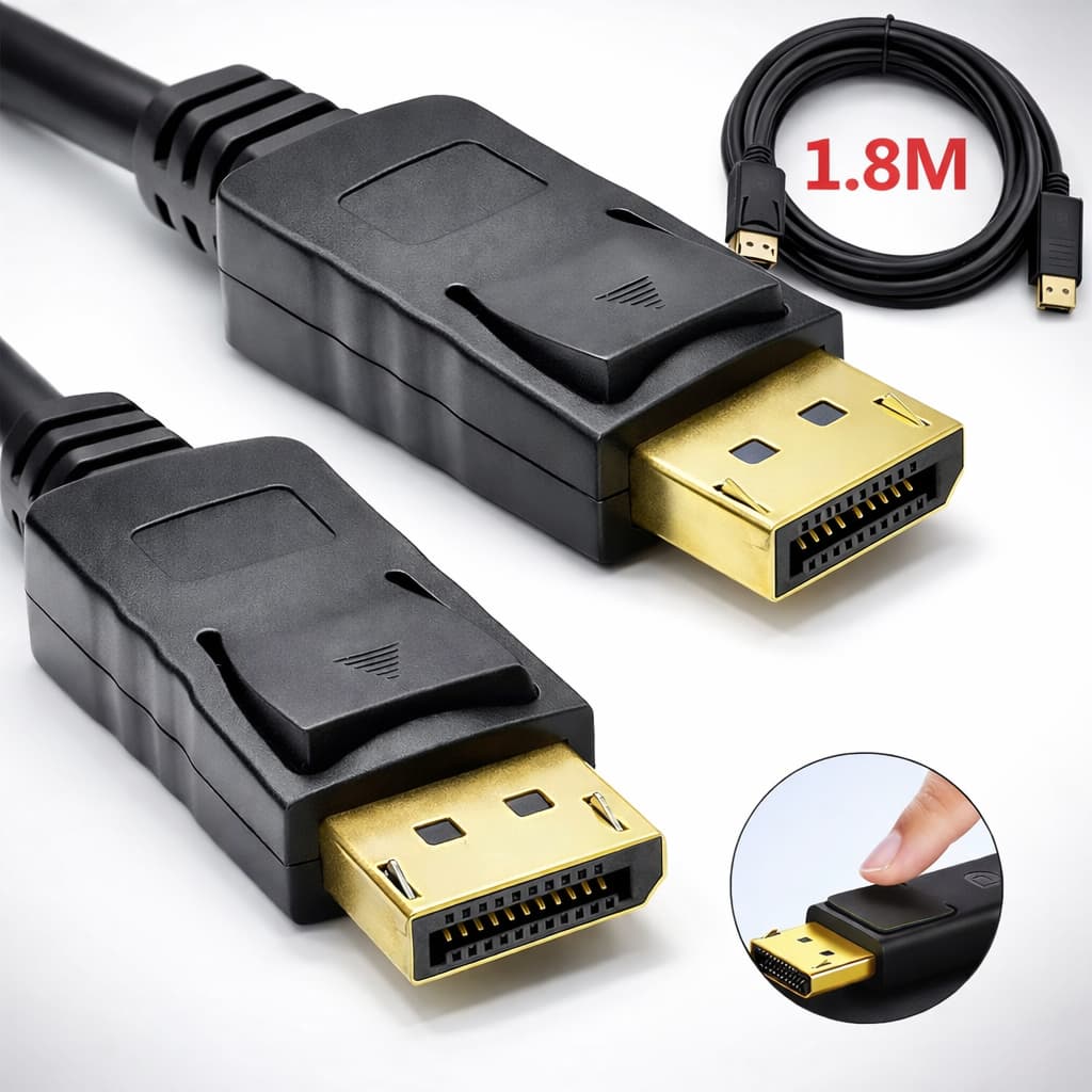 Cabo DisplayPort para DisplayPort 1.8m – Full HD 144Hz, 4K, Macho/Macho, Trava de Segurança – PC e Monitor Gamer