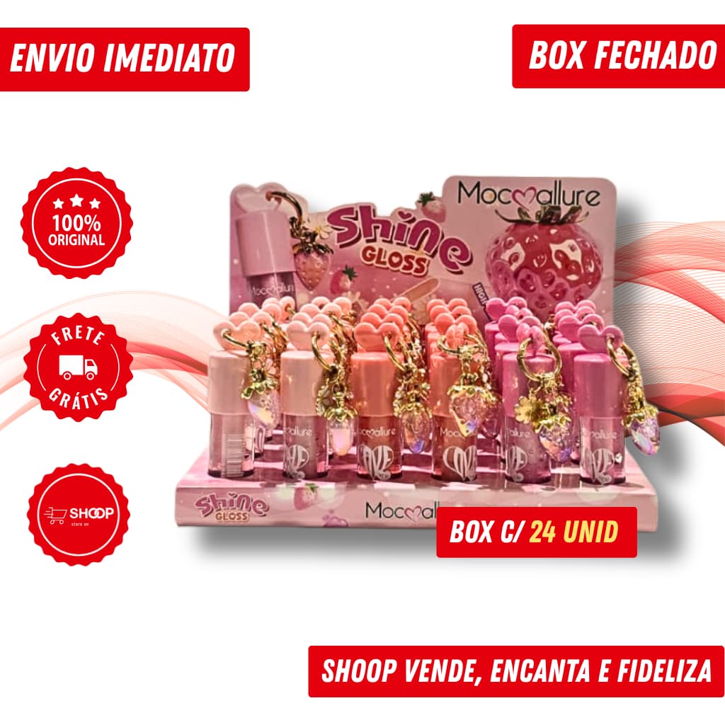 Box Fechado Lip Gloss Shine Mocallure com Chaveiro Morango | Brilho - 24 Unidades