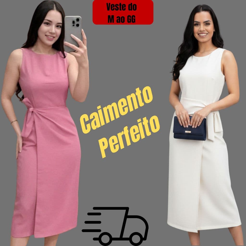 Vestido Midi Alfaiataria Feminino do P ao G2 Plus Size Elegante com Fenda e Amarração Lateral
