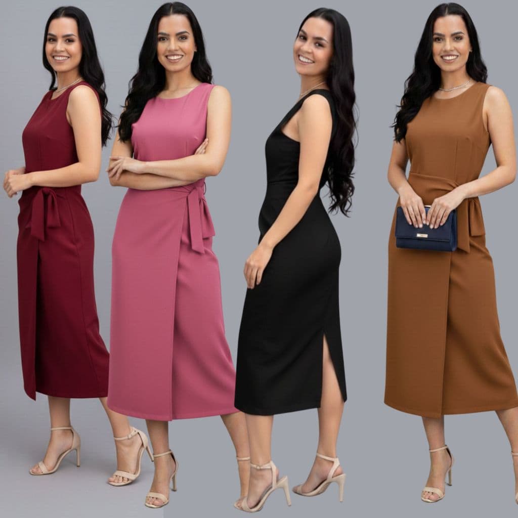 Vestido Midi Social Alfaiataria com Amarração Lateral Elegante Moda Evangélica P ao G2 Plus Size