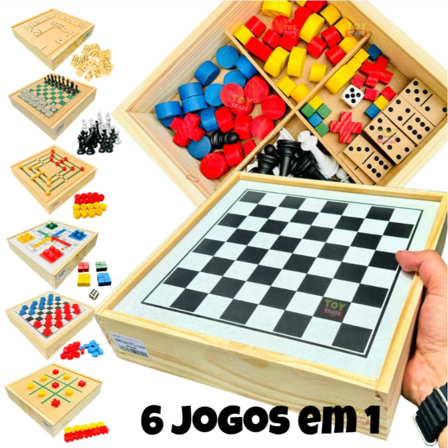 Jogo Educativo 6 em 1 Toy Trade - Xadrez, Dama, Ludo, Dominó, Velha e Trilha em Madeira