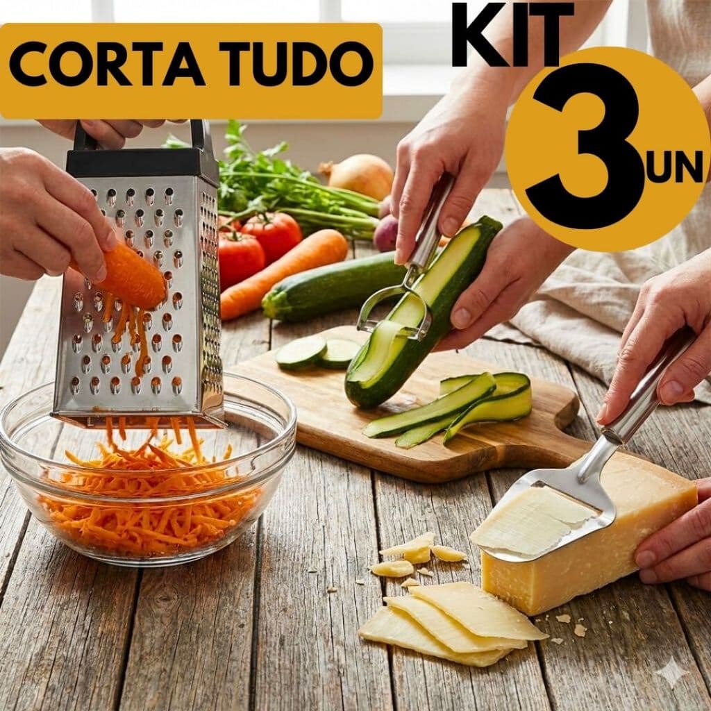 Kit Cozinha Inox 3 Peças Corta Tudo Rala Descasa Fatiador Profissional Casa Restaurante Festa