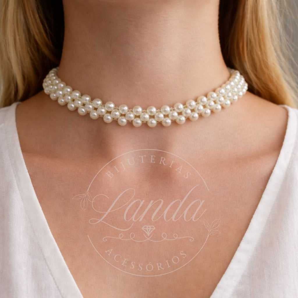 Choker Gargantilha Colar Pérolas Três Fileiras Intercaladas Elegante Vintage