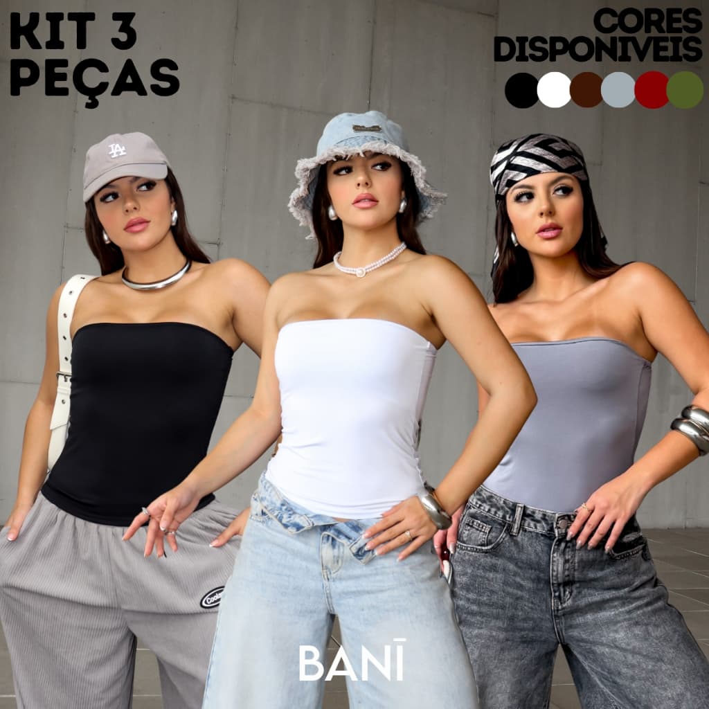 KIT 3 Tube Top Feminino Suplex Faixa Blusa Duplo Cropped Tubinho Básico Suplex Blogueira Premium