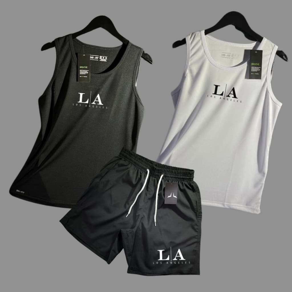 Kit 2 Regatas 1 Short Tactel Mauricinho Bermuda Regata Dry fit Com Elastano Esporte Academia