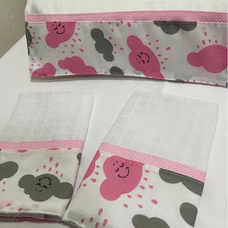 Kit 3 fraldas de boca para bebê pano de boca nuvem rosa 100% algodão com bainha