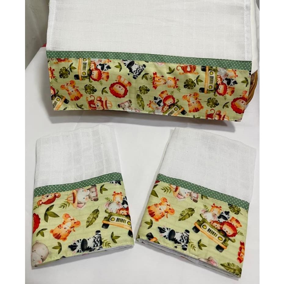 Kit 3 fraldas de boca bebê infantil turma safari verde pano de boca babete menino 100% algodão macia