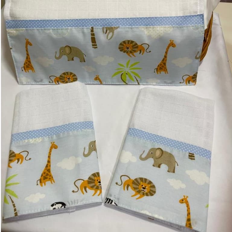 Kit 3 fraldas de boca bebê infantil turma safari azul pano de boca babete menino 100% algodão macia