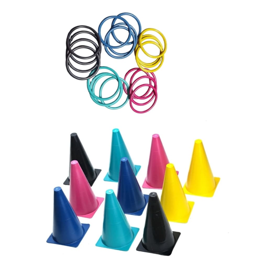 KIT CORDENAÇÃO MOTORA-ATIVIDADES LUDICAS-KIT 5 CONE, 10 MINI ARGOLAS JOGOS FUNCIONAIS-ATIVIDADES LUDICAS