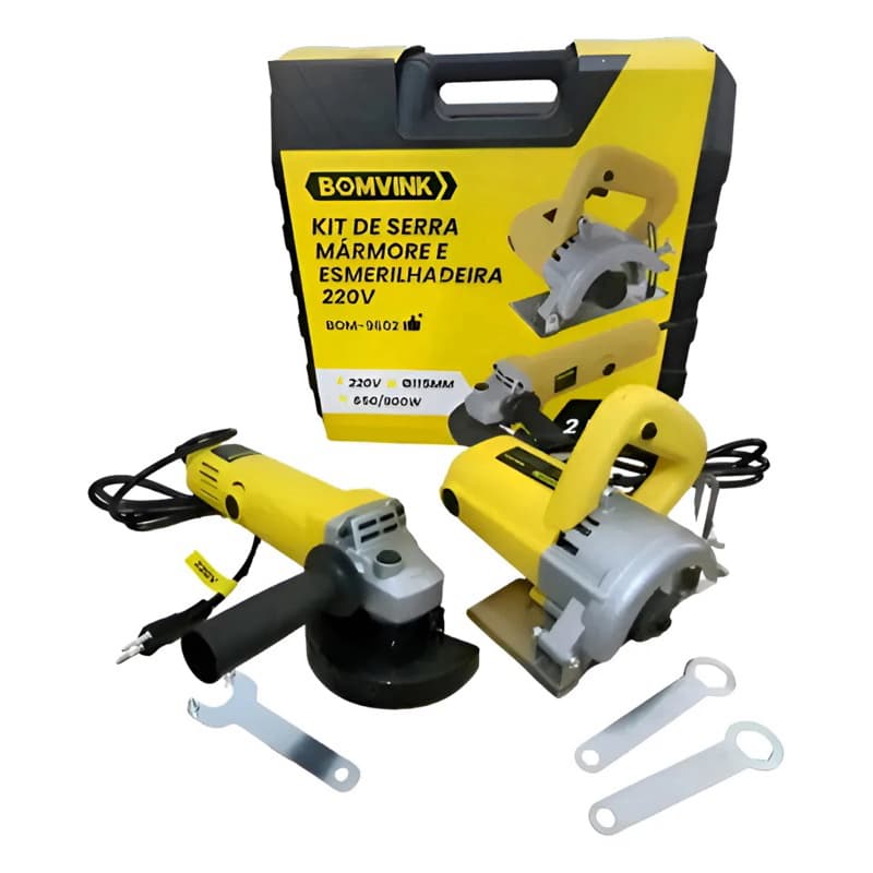 Kit Serra Mármore + Esmerilhadeira 220v Bomvink 2 em 1 Ø115mm Bom-9602 - Serra Mármore 900W - Esmerilhadeira 600W