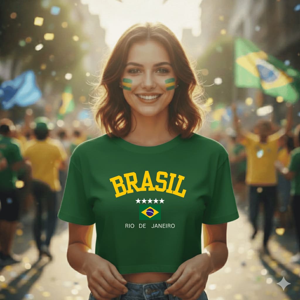 Camiseta Estilo Cropped Brasilcore Estampada Rio de Janeiro Roupa Amarela  Torcedora