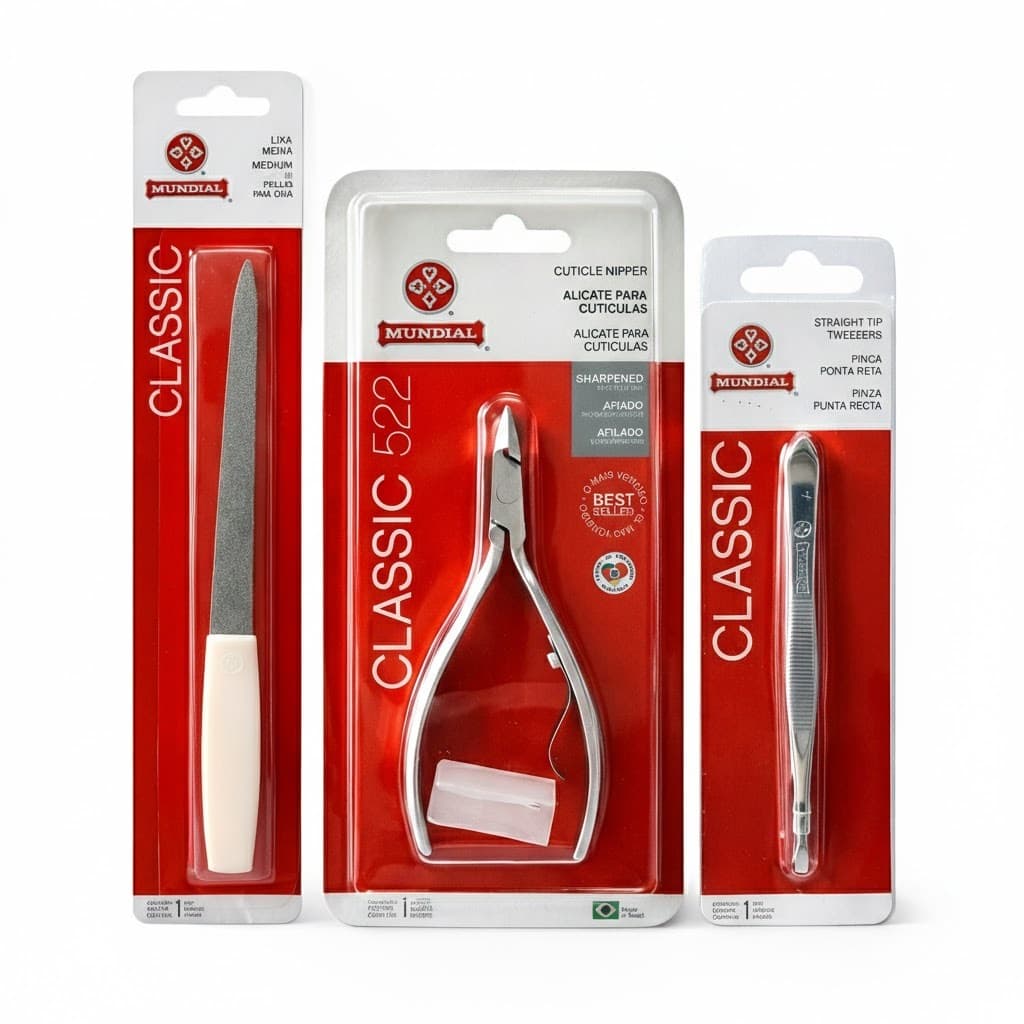 Kit Manicure Mundial Classic Alicate 522 Cutículas Unhas Lixa Pequena Pinça Reta Profissional Original Aço Inox